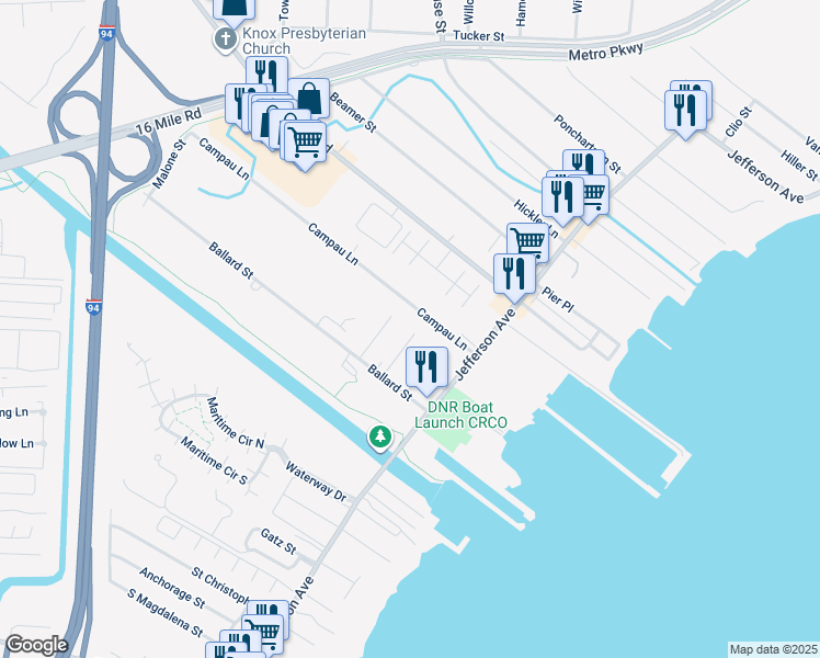 map of restaurants, bars, coffee shops, grocery stores, and more near 36215 Homeview Street in Harrison charter Township