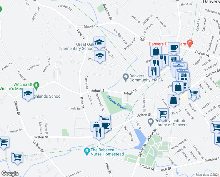 map of restaurants, bars, coffee shops, grocery stores, and more near 81 Hobart Street in Danvers