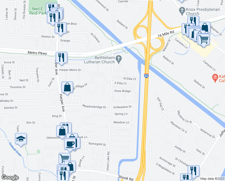 map of restaurants, bars, coffee shops, grocery stores, and more near 36530 Union Lake Road in Harrison Township