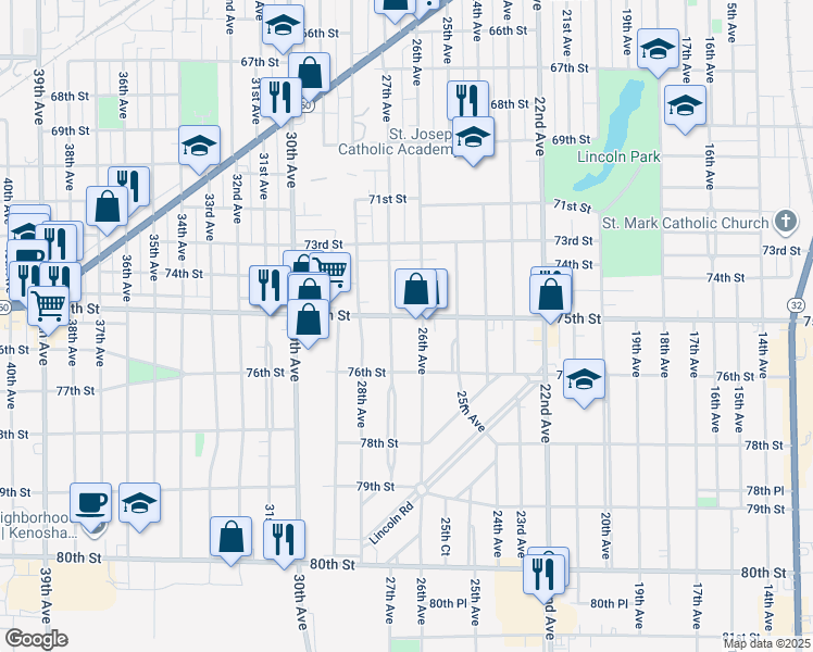 map of restaurants, bars, coffee shops, grocery stores, and more near 7516 27th Avenue in Kenosha