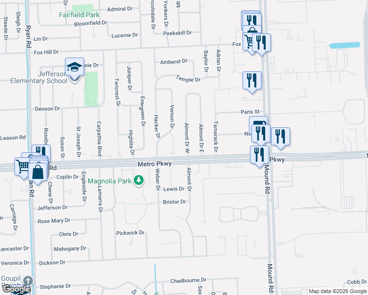 map of restaurants, bars, coffee shops, grocery stores, and more near in Sterling Heights