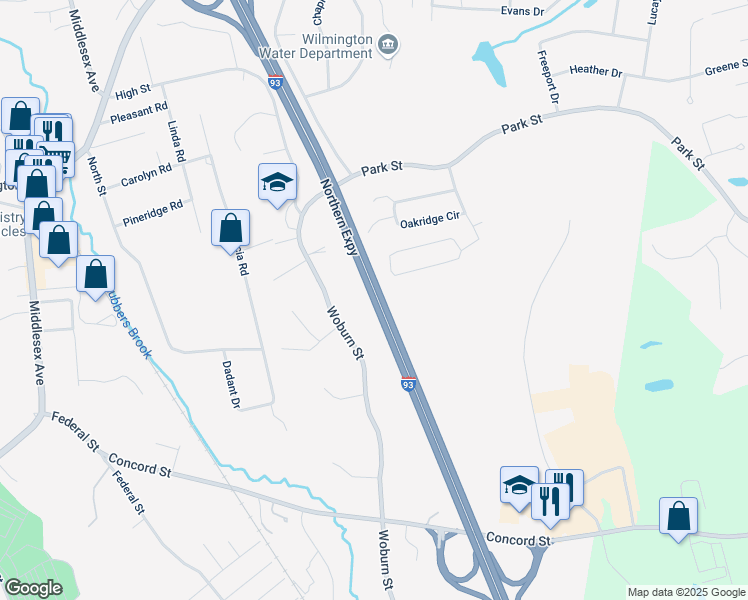 map of restaurants, bars, coffee shops, grocery stores, and more near Northern Expressway in Wilmington