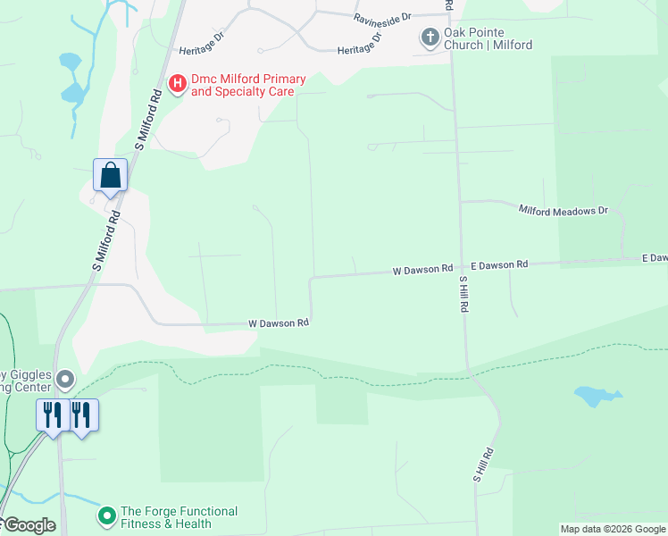 map of restaurants, bars, coffee shops, grocery stores, and more near 340 West Dawson Road in Milford