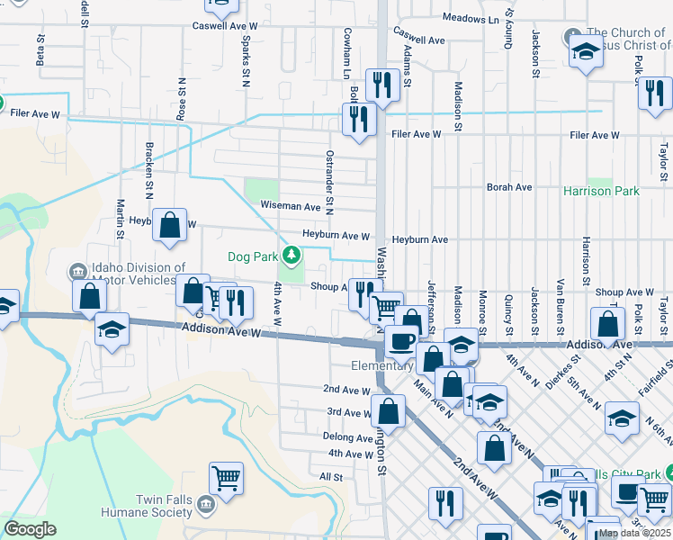 map of restaurants, bars, coffee shops, grocery stores, and more near 230 Ostrander Street North in Twin Falls