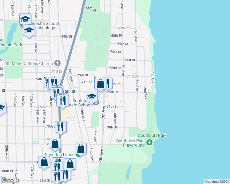 map of restaurants, bars, coffee shops, grocery stores, and more near 598 75th Street in Kenosha