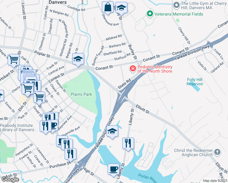 map of restaurants, bars, coffee shops, grocery stores, and more near 37 Elliott Street in Danvers