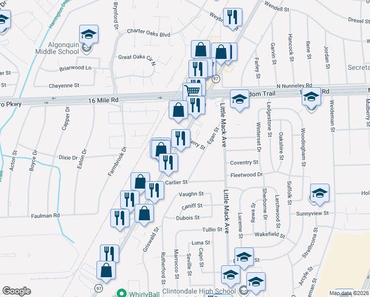 map of restaurants, bars, coffee shops, grocery stores, and more near 36534 Groesbeck Highway in Macomb County