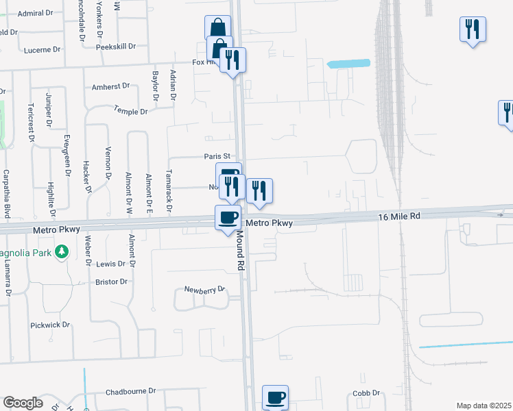 map of restaurants, bars, coffee shops, grocery stores, and more near 37070 Mound Road in Sterling Heights