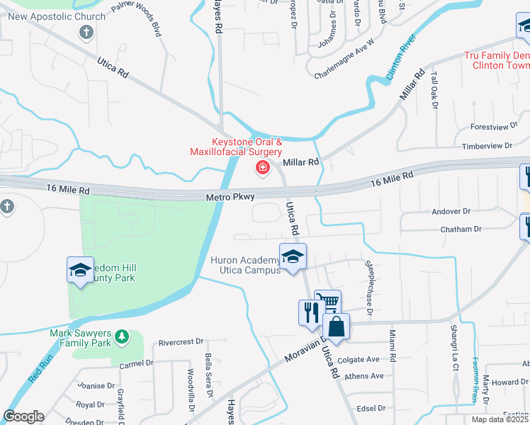 map of restaurants, bars, coffee shops, grocery stores, and more near 36725 Utica Road in Charter Township of Clinton