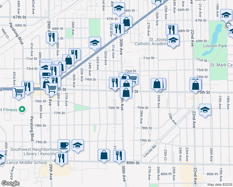 map of restaurants, bars, coffee shops, grocery stores, and more near 7515 31st Avenue in Kenosha