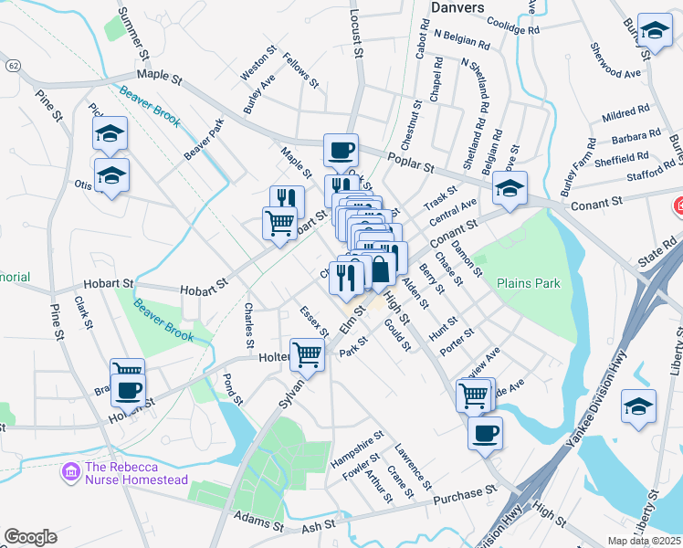 map of restaurants, bars, coffee shops, grocery stores, and more near 14 Cherry Street in Danvers