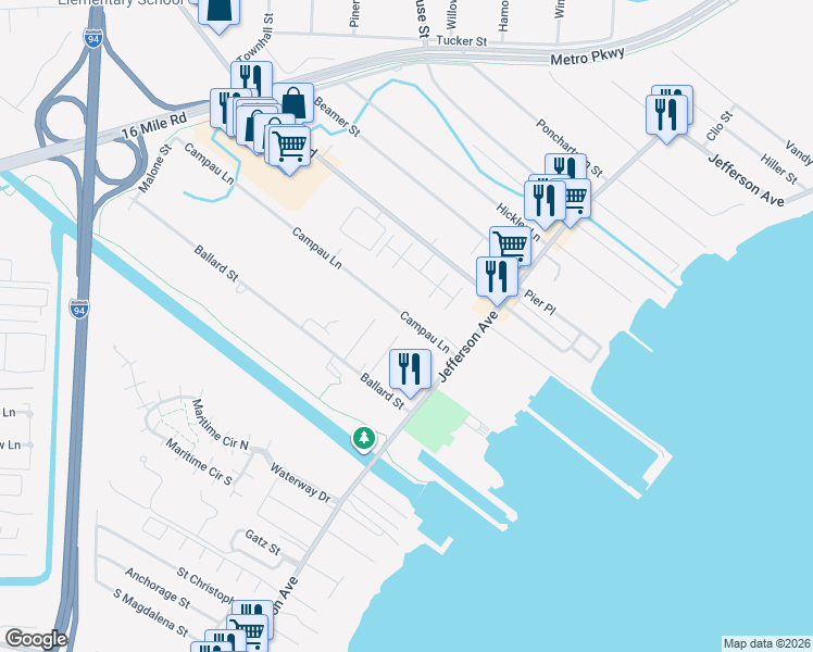map of restaurants, bars, coffee shops, grocery stores, and more near 36215 Homeview Street in Harrison Township