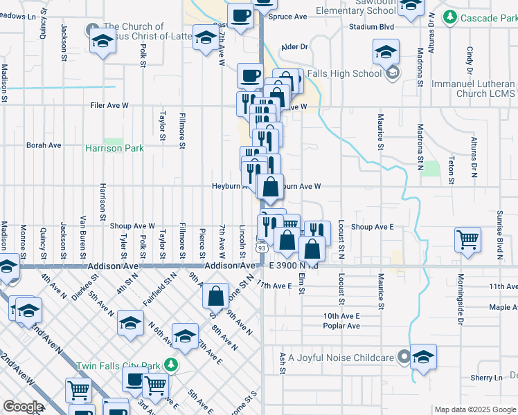 map of restaurants, bars, coffee shops, grocery stores, and more near 243 Blue Lakes Boulevard North in Twin Falls