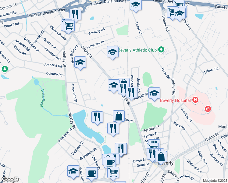 map of restaurants, bars, coffee shops, grocery stores, and more near 502 Cabot Street in Beverly