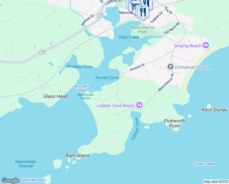 map of restaurants, bars, coffee shops, grocery stores, and more near 35 Proctor Street in Manchester-by-the-Sea