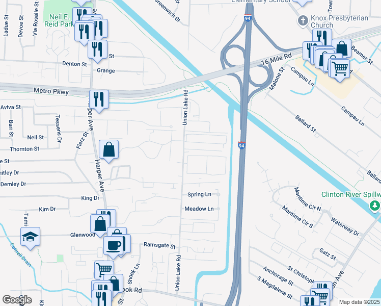 map of restaurants, bars, coffee shops, grocery stores, and more near 36530 Union Lake Road in Harrison Township
