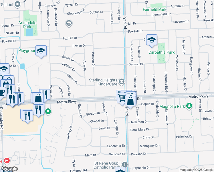 map of restaurants, bars, coffee shops, grocery stores, and more near 3555 Metro Parkway in Sterling Heights