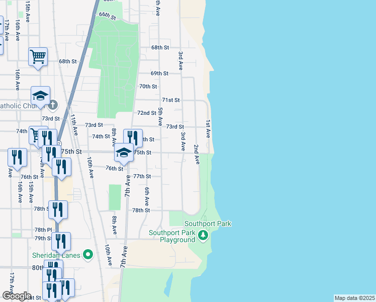 map of restaurants, bars, coffee shops, grocery stores, and more near 7503 3rd Avenue in Kenosha