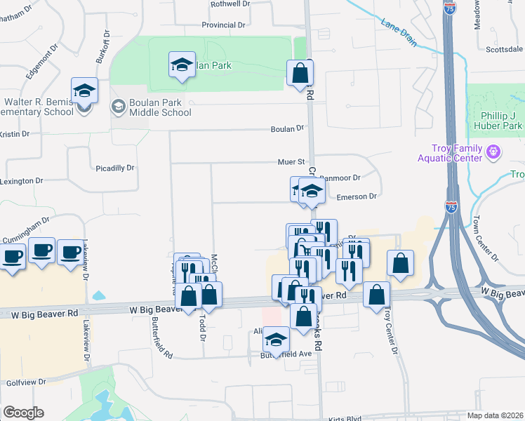 map of restaurants, bars, coffee shops, grocery stores, and more near 1563 Banmoor Drive in Troy