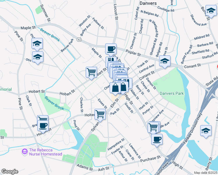 map of restaurants, bars, coffee shops, grocery stores, and more near 14 Cherry Street in Danvers
