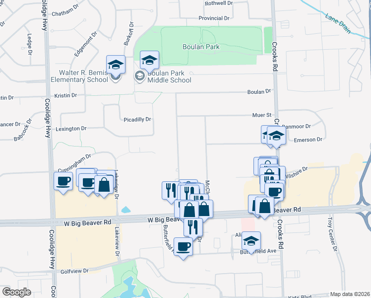 map of restaurants, bars, coffee shops, grocery stores, and more near 3244 Alpine Road in Troy