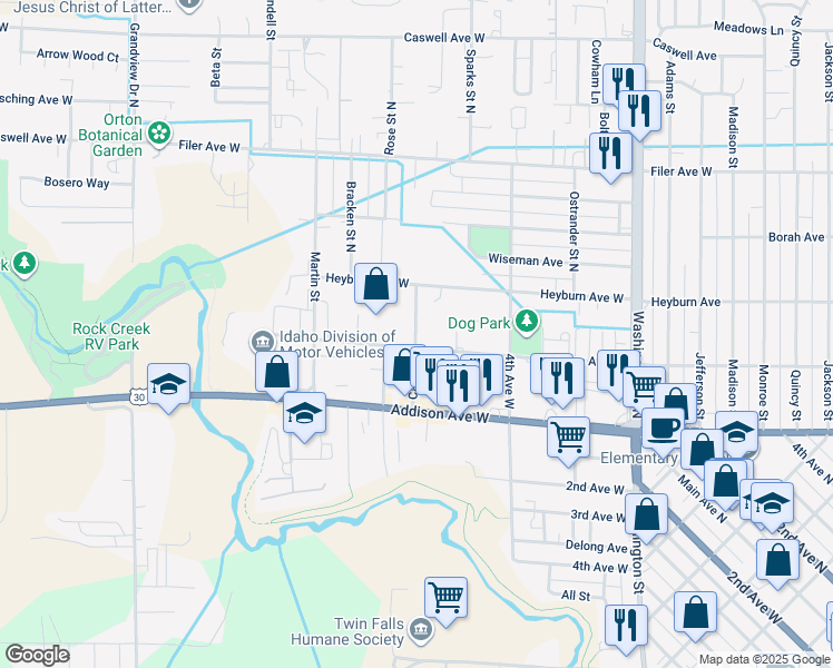 map of restaurants, bars, coffee shops, grocery stores, and more near 189 Carney Street in Twin Falls