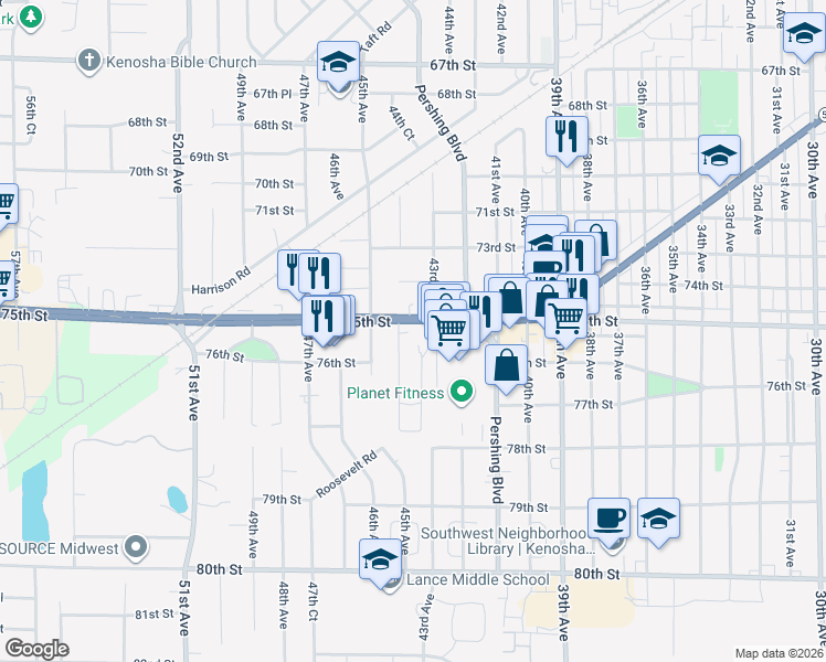 map of restaurants, bars, coffee shops, grocery stores, and more near 4303 75th Street in Kenosha