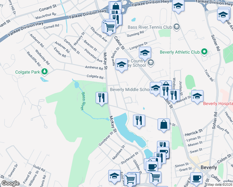 map of restaurants, bars, coffee shops, grocery stores, and more near 19 Bosworth Street in Beverly
