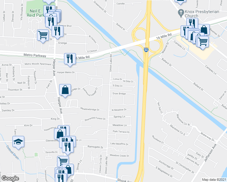 map of restaurants, bars, coffee shops, grocery stores, and more near 36542 Union Lake Road in Harrison charter Township