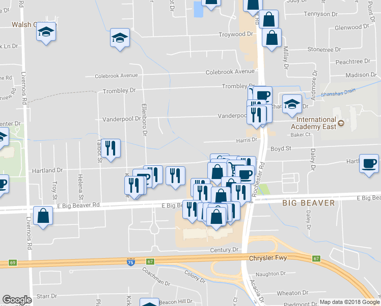 map of restaurants, bars, coffee shops, grocery stores, and more near 695 Hartland Drive in Troy