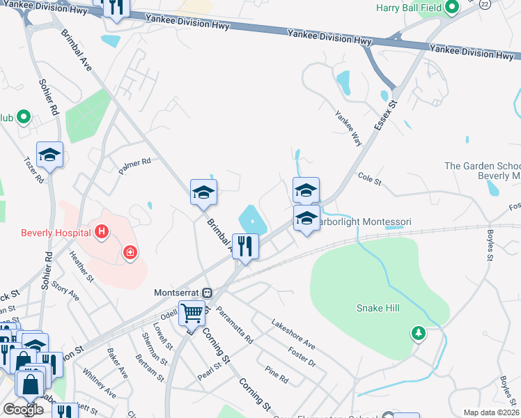 map of restaurants, bars, coffee shops, grocery stores, and more near 234 Essex Street in Beverly