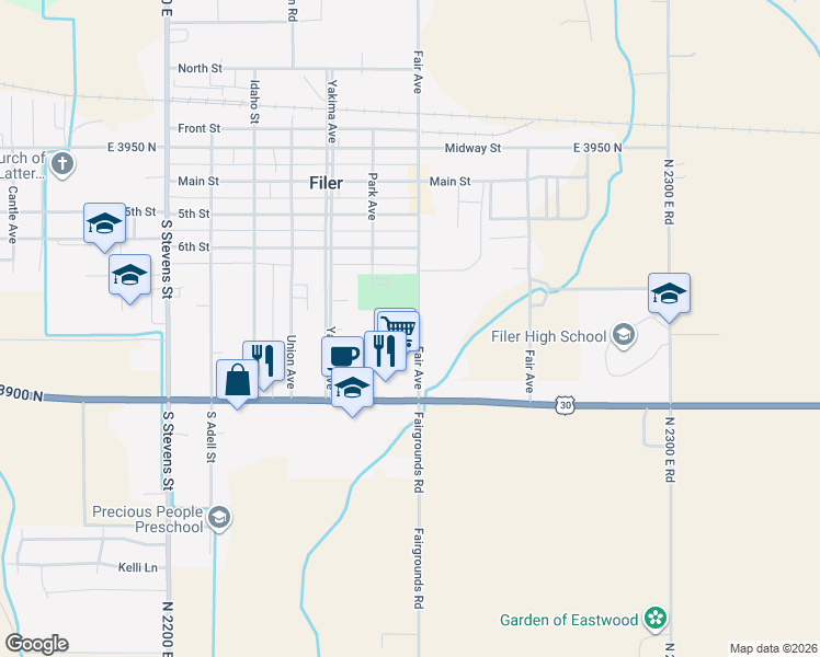 map of restaurants, bars, coffee shops, grocery stores, and more near 800 Fair Avenue in Filer