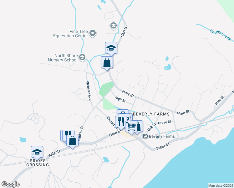 map of restaurants, bars, coffee shops, grocery stores, and more near 21 High Street in Beverly