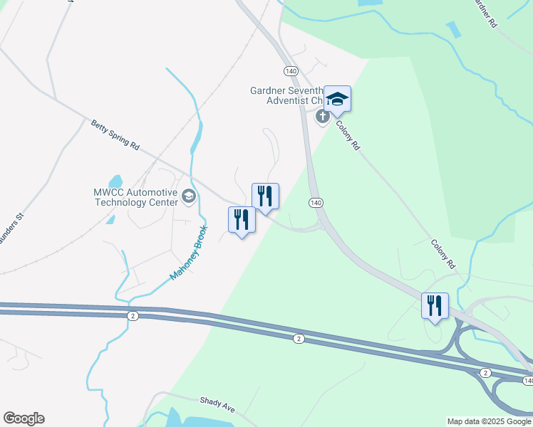 map of restaurants, bars, coffee shops, grocery stores, and more near 289 Betty Spring Road in Gardner