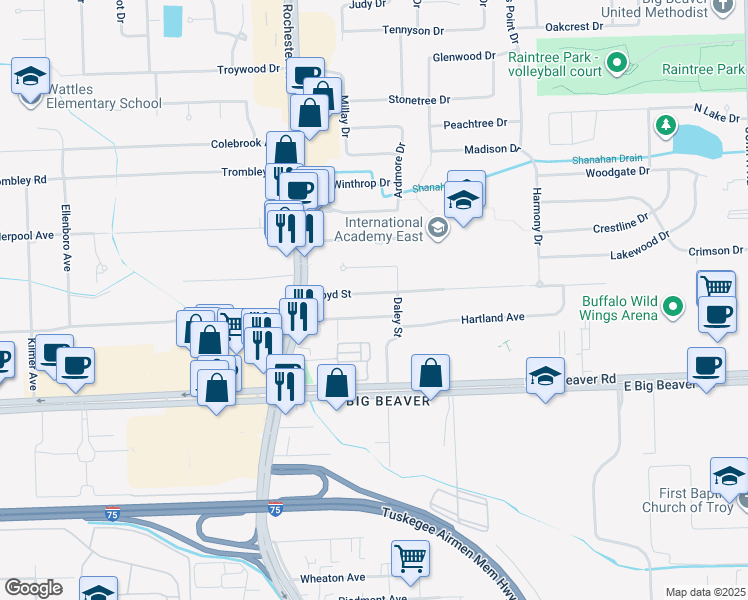 map of restaurants, bars, coffee shops, grocery stores, and more near 1184 Hartland Drive in Troy