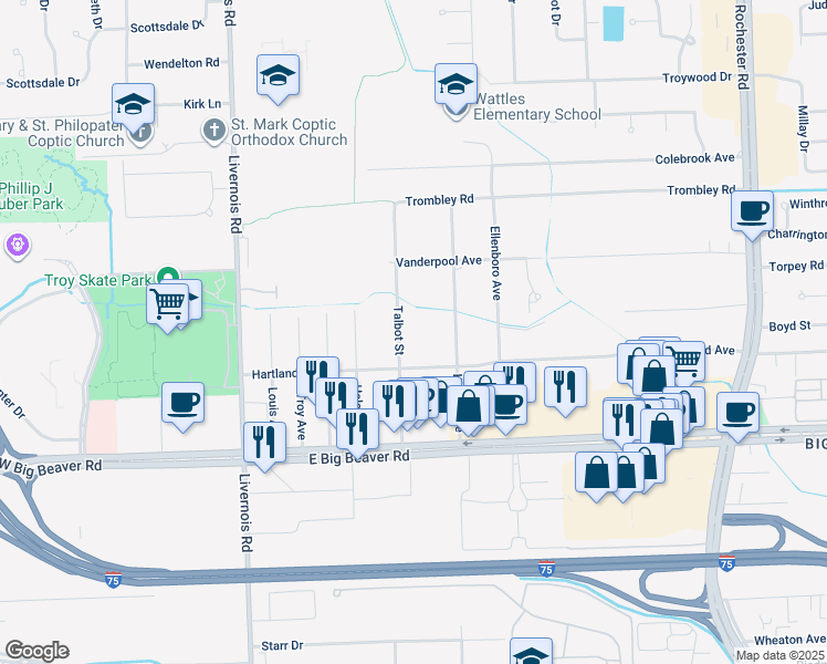 map of restaurants, bars, coffee shops, grocery stores, and more near 365 Hartland Drive in Troy