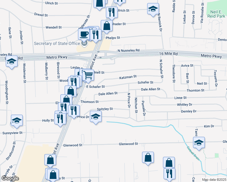 map of restaurants, bars, coffee shops, grocery stores, and more near 22504 Dale Allen Street in Clinton Township