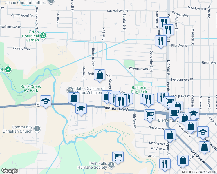 map of restaurants, bars, coffee shops, grocery stores, and more near 189 Carney Street in Twin Falls