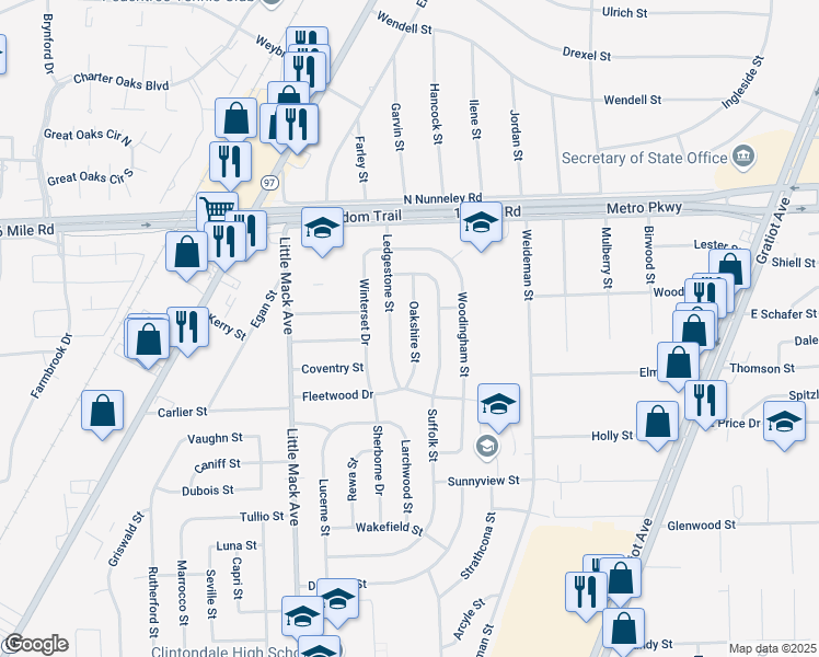 map of restaurants, bars, coffee shops, grocery stores, and more near 36258 Ledgestone Street in Clinton Township