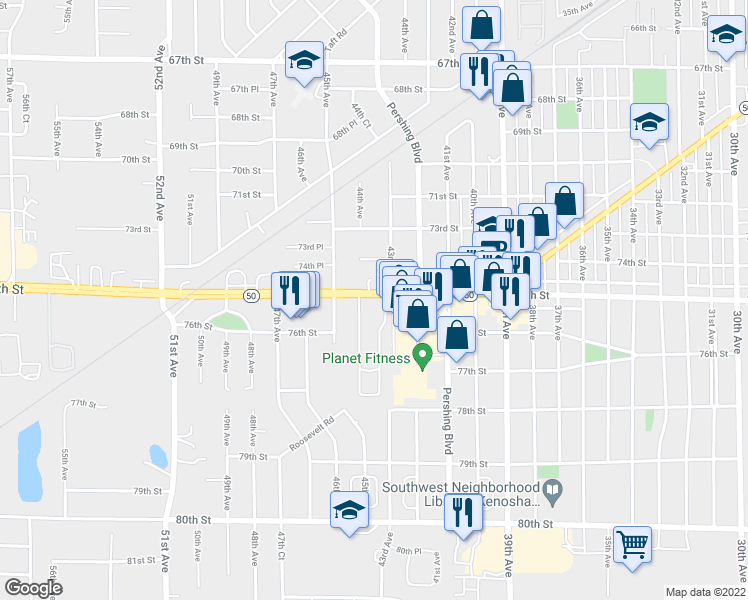 map of restaurants, bars, coffee shops, grocery stores, and more near 4303 75th Street in Kenosha