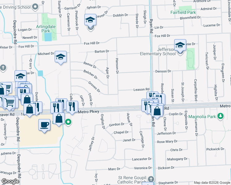 map of restaurants, bars, coffee shops, grocery stores, and more near 37048 Hanson Drive in Sterling Heights