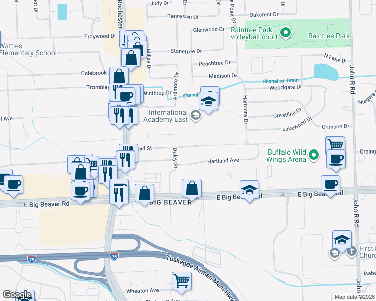 map of restaurants, bars, coffee shops, grocery stores, and more near 1255 Hartland Street in Troy