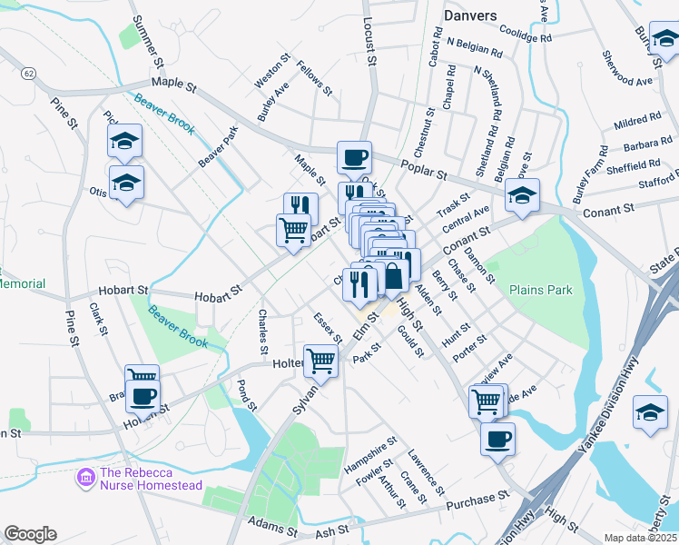 map of restaurants, bars, coffee shops, grocery stores, and more near 14 Cherry Street in Danvers