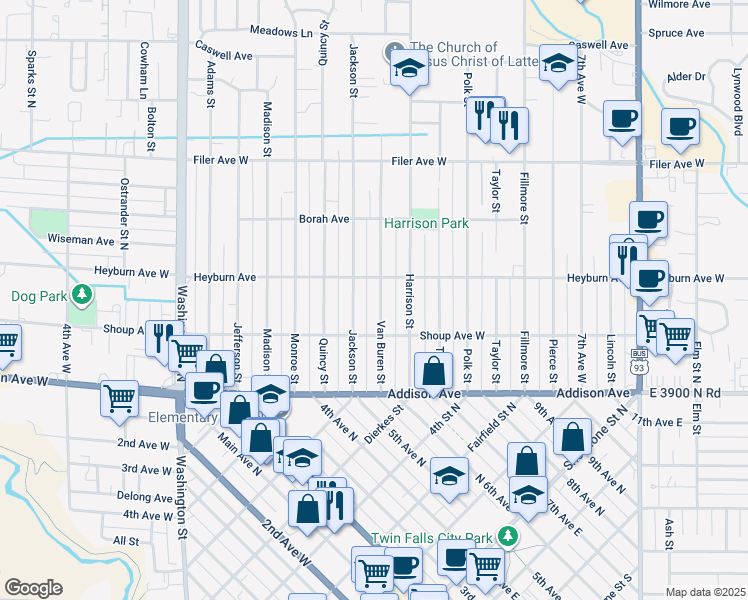 map of restaurants, bars, coffee shops, grocery stores, and more near 230 Van Buren Street in Twin Falls