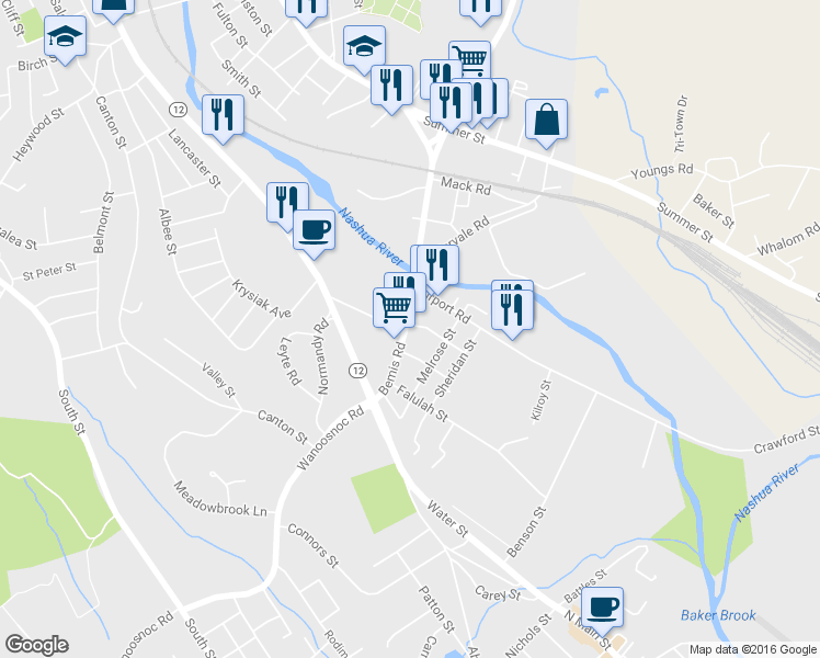 map of restaurants, bars, coffee shops, grocery stores, and more near 61 Bemis Road in Fitchburg