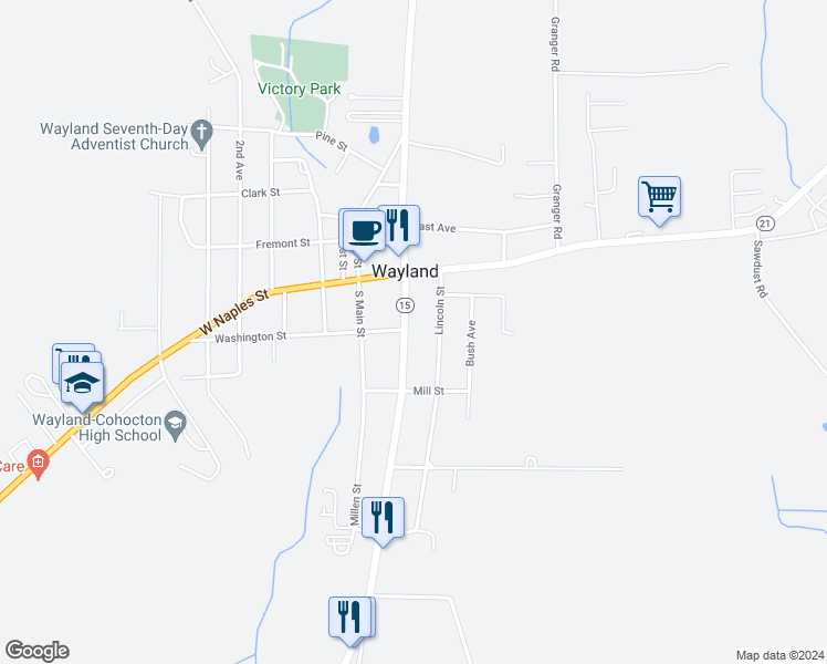 map of restaurants, bars, coffee shops, grocery stores, and more near 123 Lincoln Street in Wayland