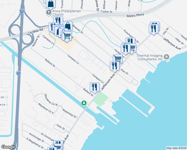 map of restaurants, bars, coffee shops, grocery stores, and more near 36215 Homeview Street in Harrison Township