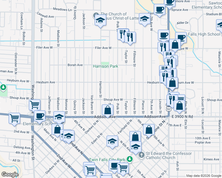 map of restaurants, bars, coffee shops, grocery stores, and more near 225 Polk Street in Twin Falls