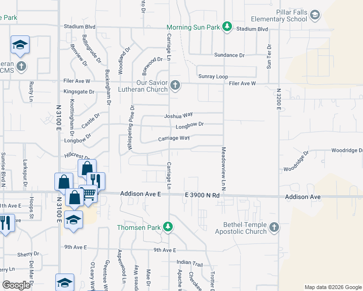 map of restaurants, bars, coffee shops, grocery stores, and more near 2628 Whispering Pine Drive in Twin Falls