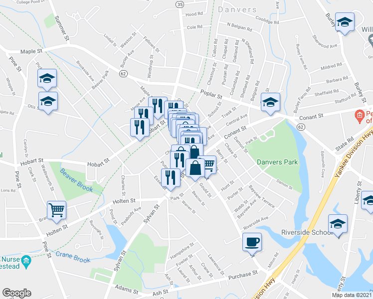 map of restaurants, bars, coffee shops, grocery stores, and more near 5 Page Street in Danvers